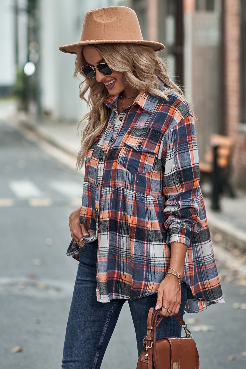 Lapel Long Sleeve Pocket Casual Plaid Shirt-AL9574