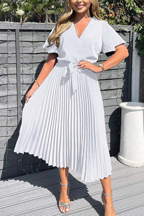 V-Neck Solid Belted Pleated Skirt A Midi Dress-AL9380