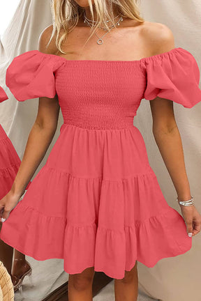 Square Neck Short Puff Sleeve Tiered Mini Dress-AL9392