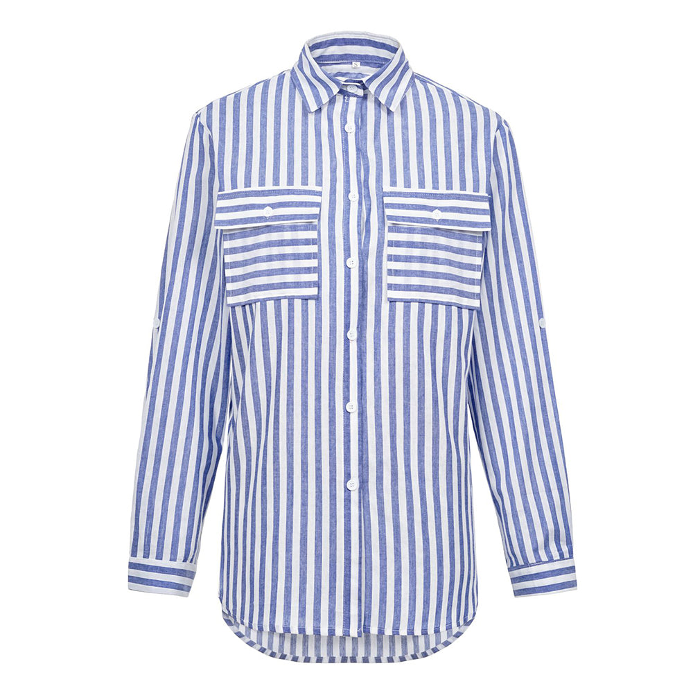 V For City Women's Striped Button-Down Long Sleeve Shirt with Dual Chest Pockets
