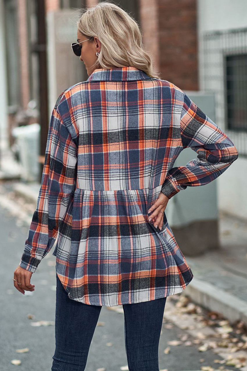 Lapel Long Sleeve Pocket Casual Plaid Shirt-AL9574