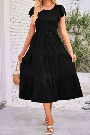 Flutter Short Sleeve Crew Neck Tiered Midi Dress-AL9395