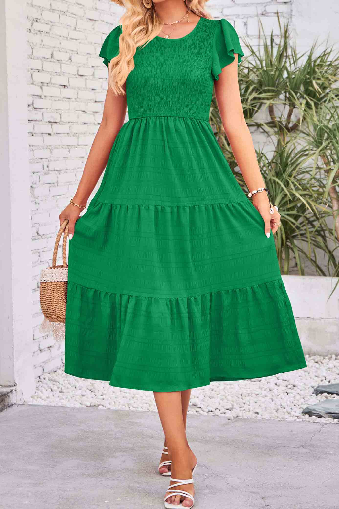 Flutter Short Sleeve Crew Neck Tiered Midi Dress-AL9395