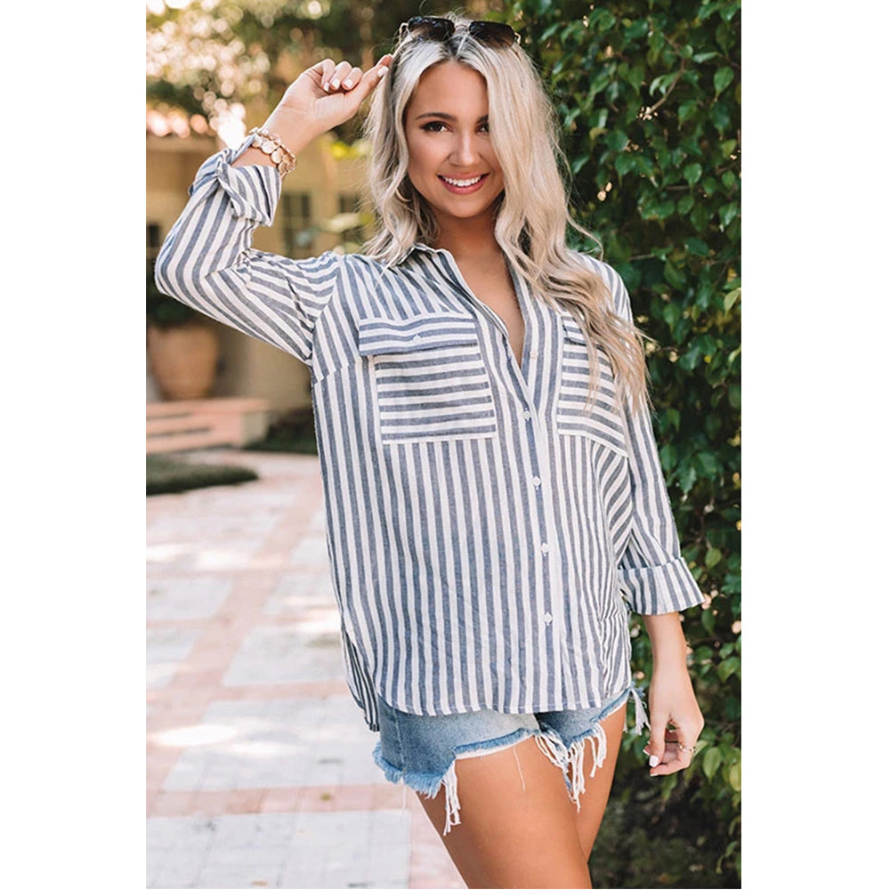 V For City Women's Striped Button-Down Long Sleeve Shirt with Dual Chest Pockets