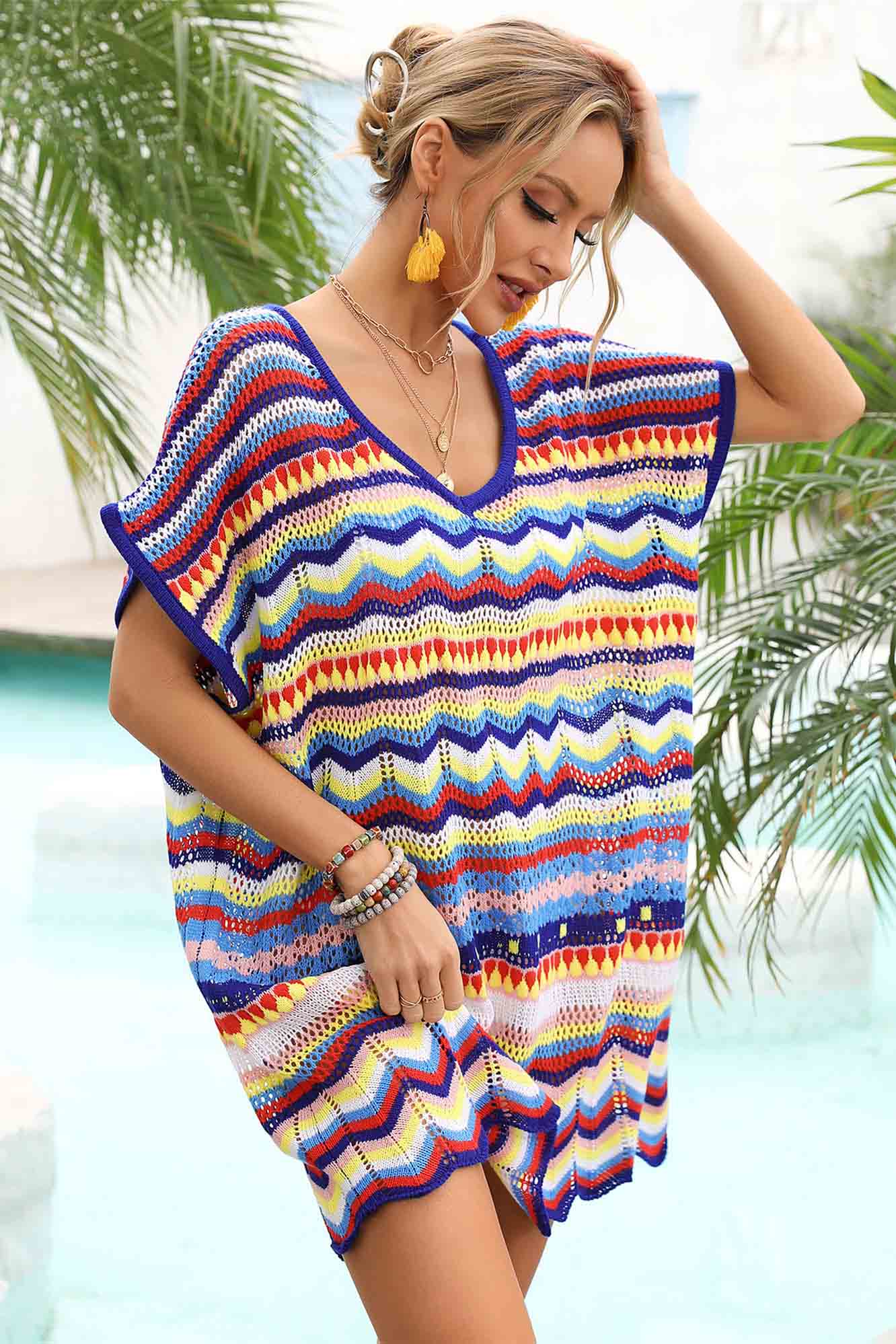 V Neck Wave-Hem Colorblock Crochet Cover-Up-AL9451