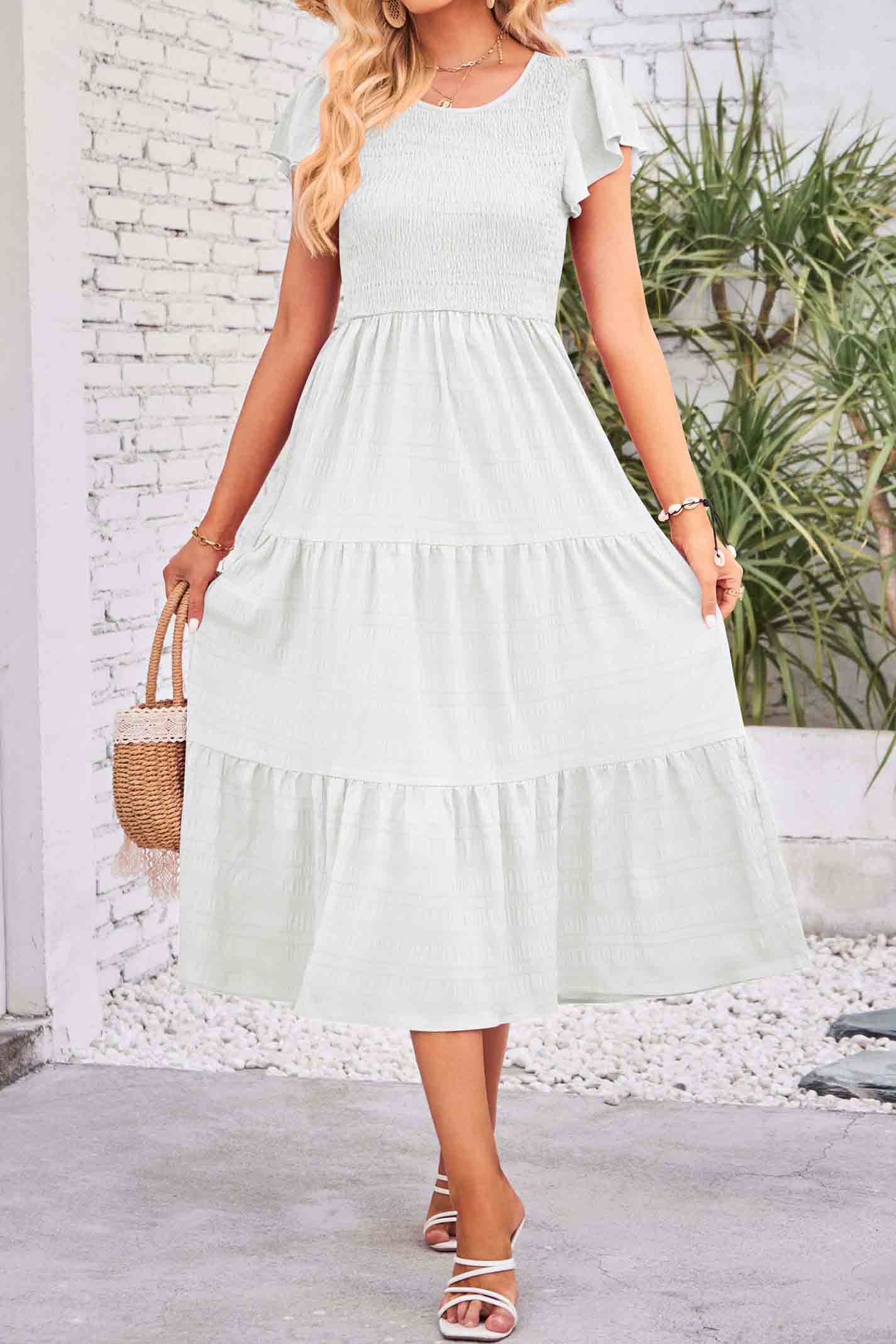 Flutter Short Sleeve Crew Neck Tiered Midi Dress-AL9395