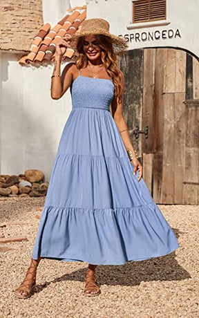 Sleeveless Spaghetti Strap Smocked Tiered Dresses-AL9521