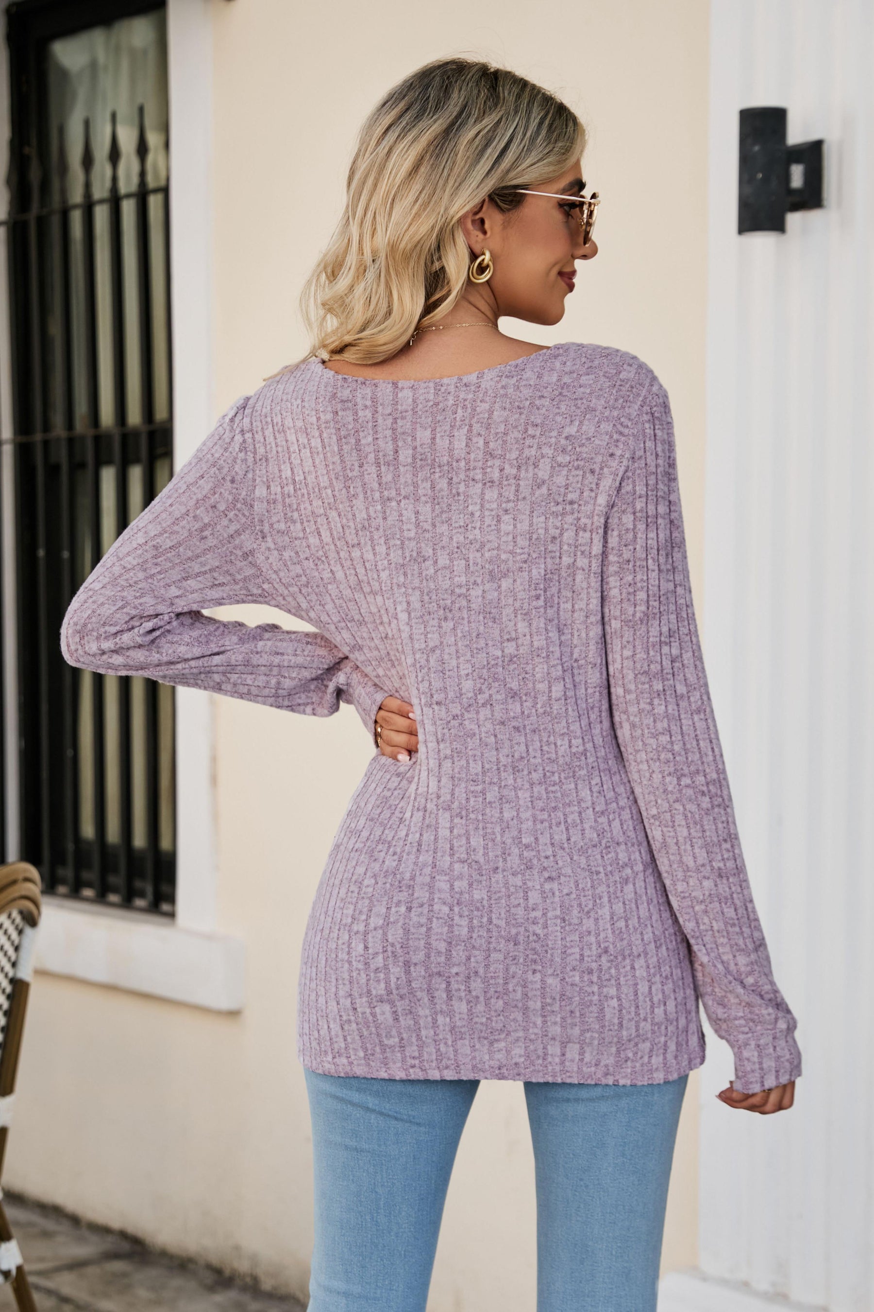 Women Long Sleeve Square Neck Ribbed Sweatshirts-AL9577