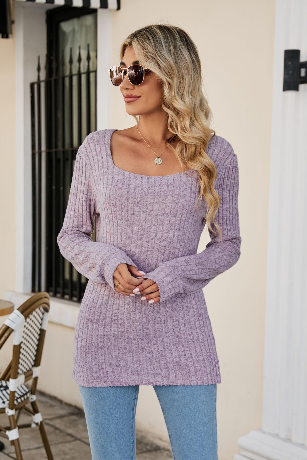 Women Long Sleeve Square Neck Ribbed Sweatshirts-AL9577