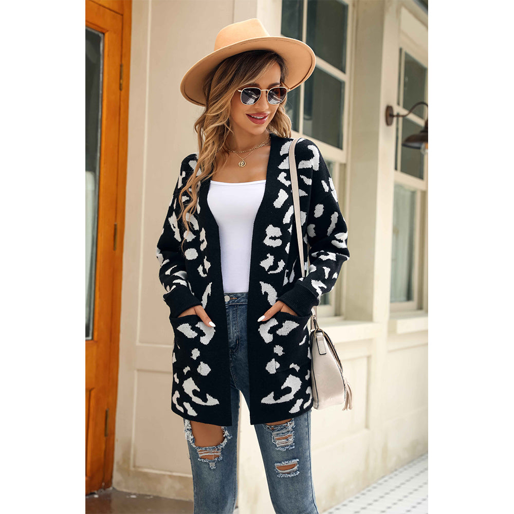 V For City Women's Black and White Leopard Print Open-Front Longline Cardigan