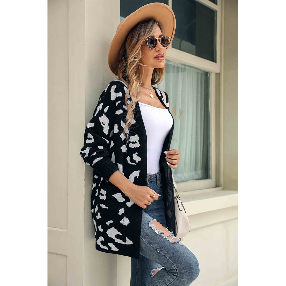 V For City Women's Black and White Leopard Print Open-Front Longline Cardigan