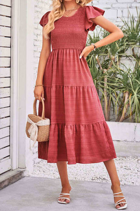 Flutter Short Sleeve Crew Neck Tiered Midi Dress-AL9395