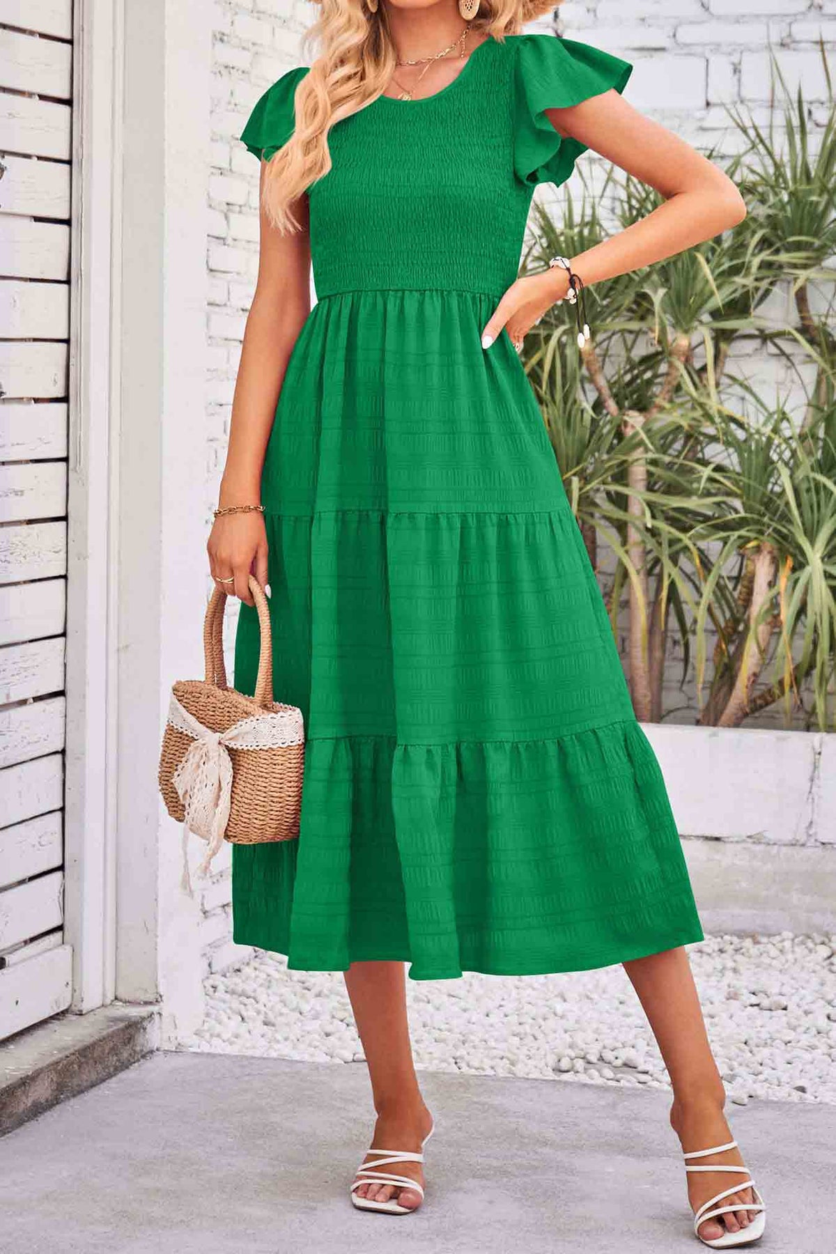 Flutter Short Sleeve Crew Neck Tiered Midi Dress-AL9395