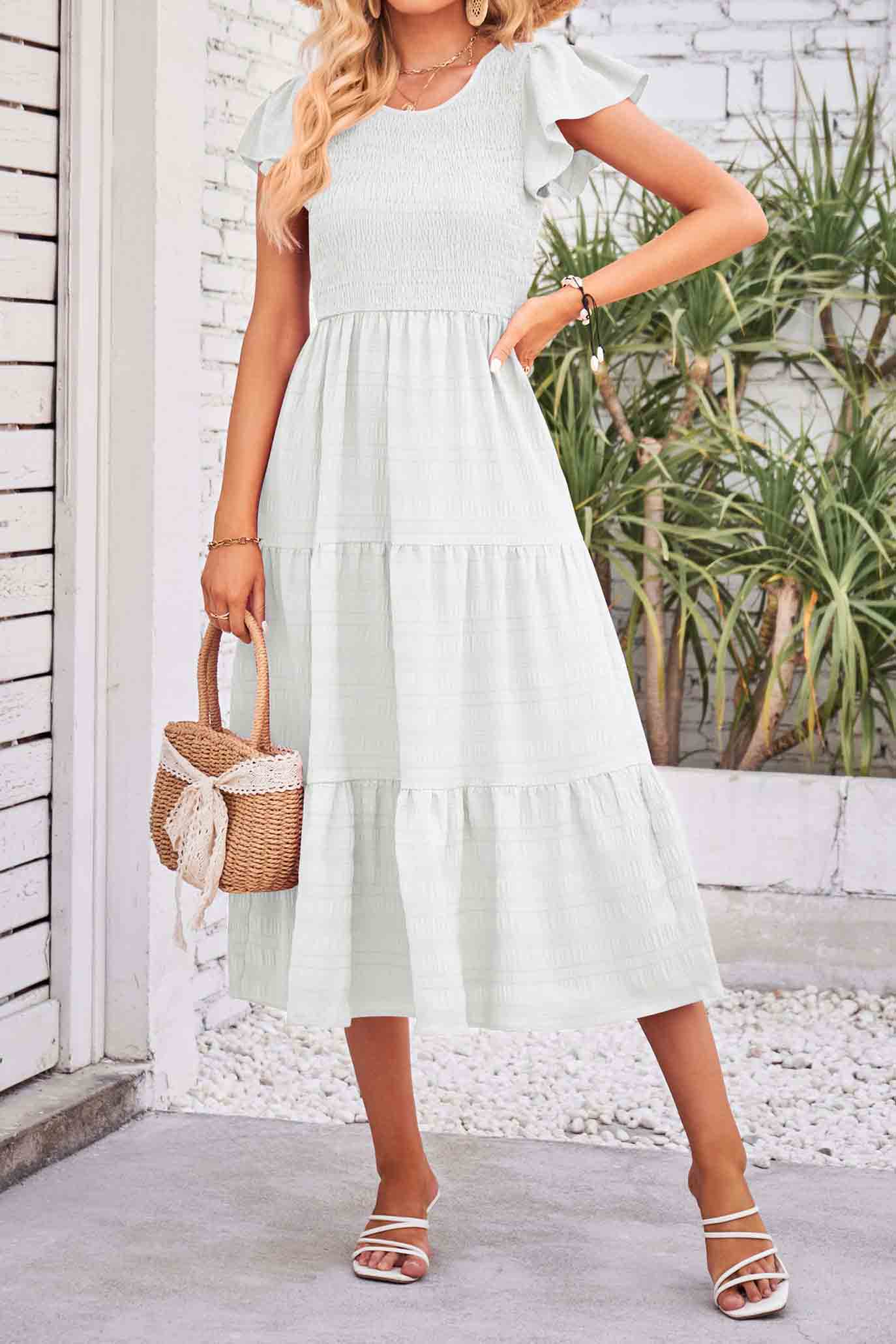 Flutter Short Sleeve Crew Neck Tiered Midi Dress-AL9395