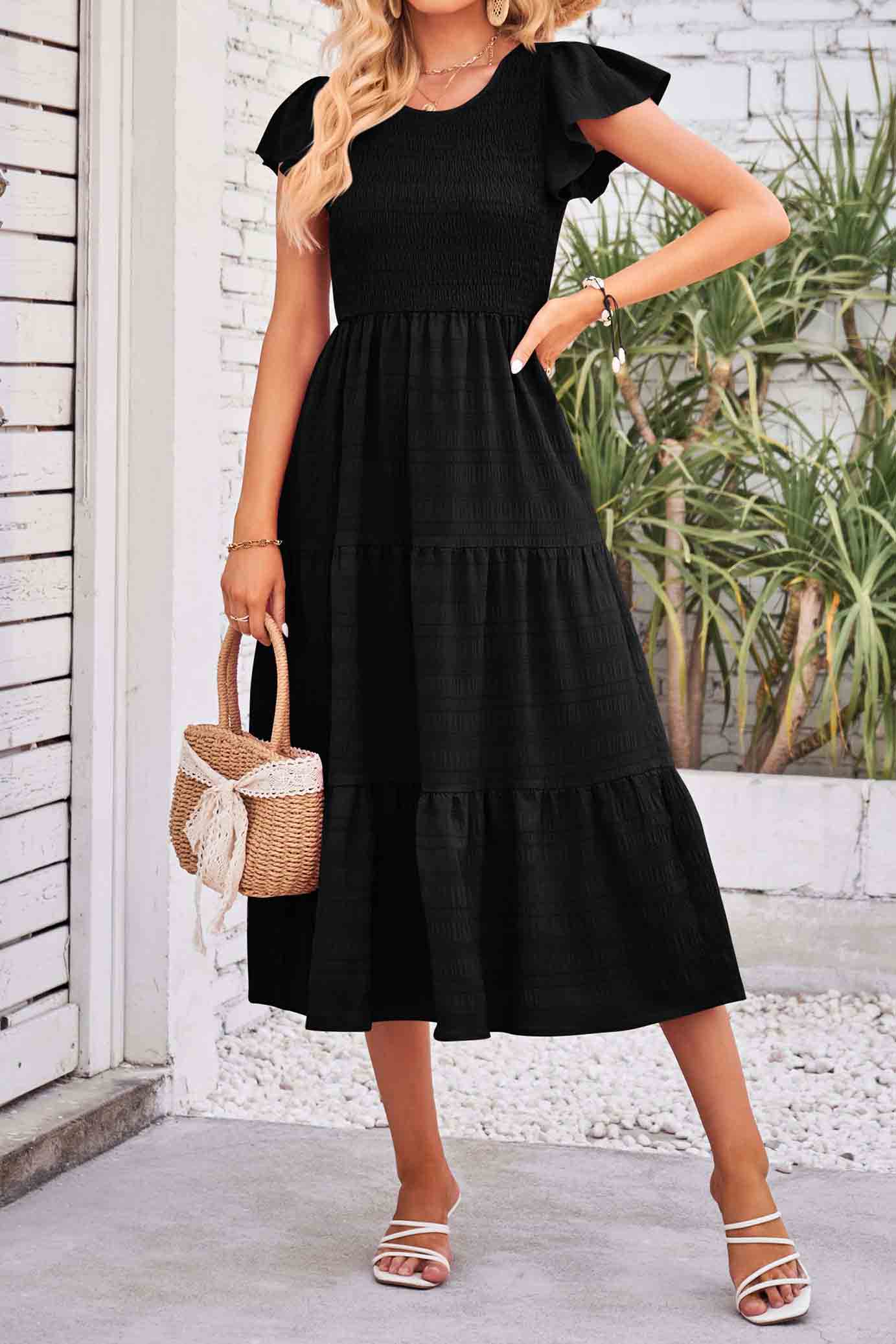 Flutter Short Sleeve Crew Neck Tiered Midi Dress-AL9395