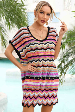 V Neck Wave-Hem Colorblock Crochet Cover-Up-AL9451