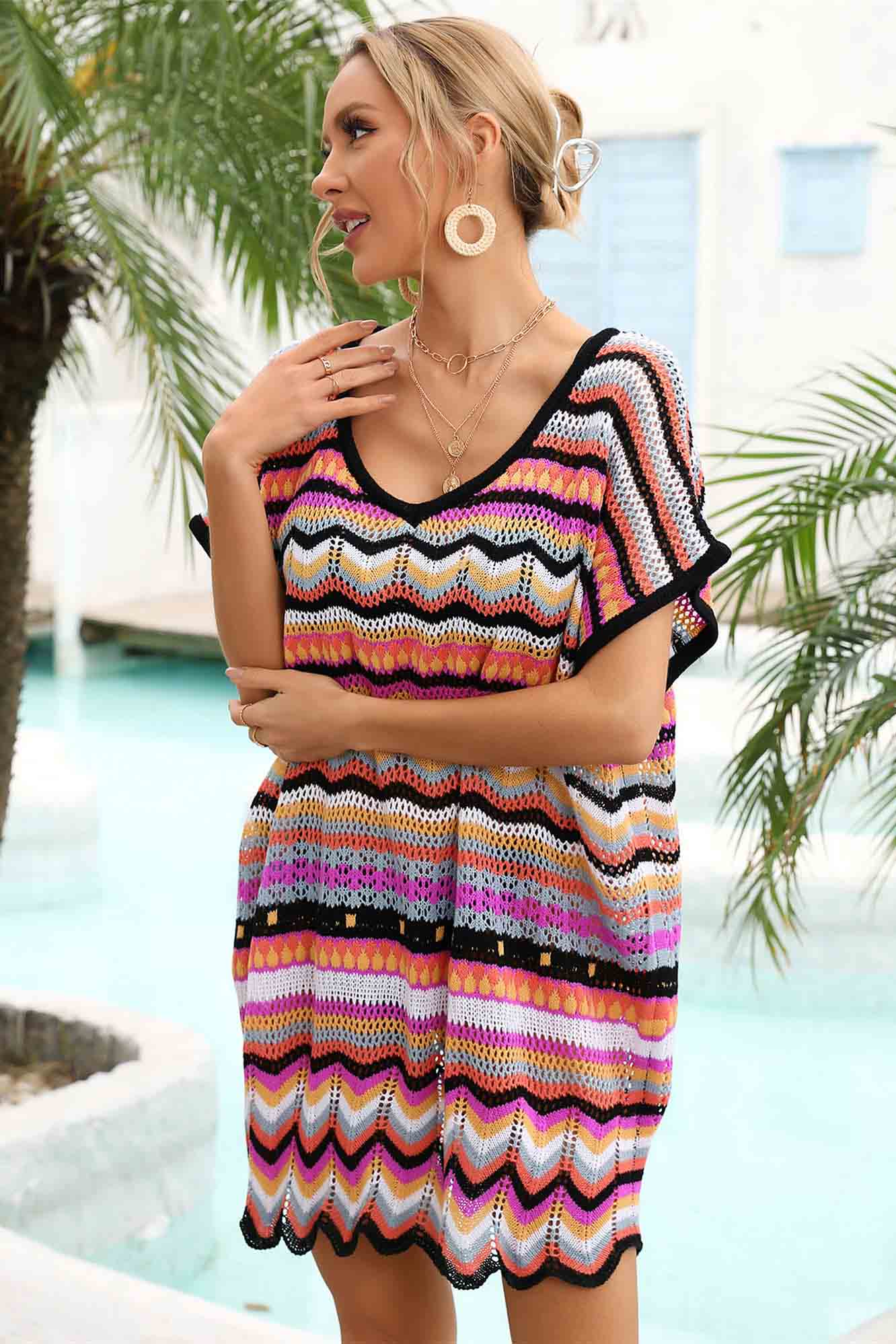 V Neck Wave-Hem Colorblock Crochet Cover-Up-AL9451