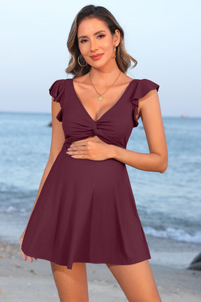 Ribbed Ruffle Twist Front Maternity Swim Dress-11207