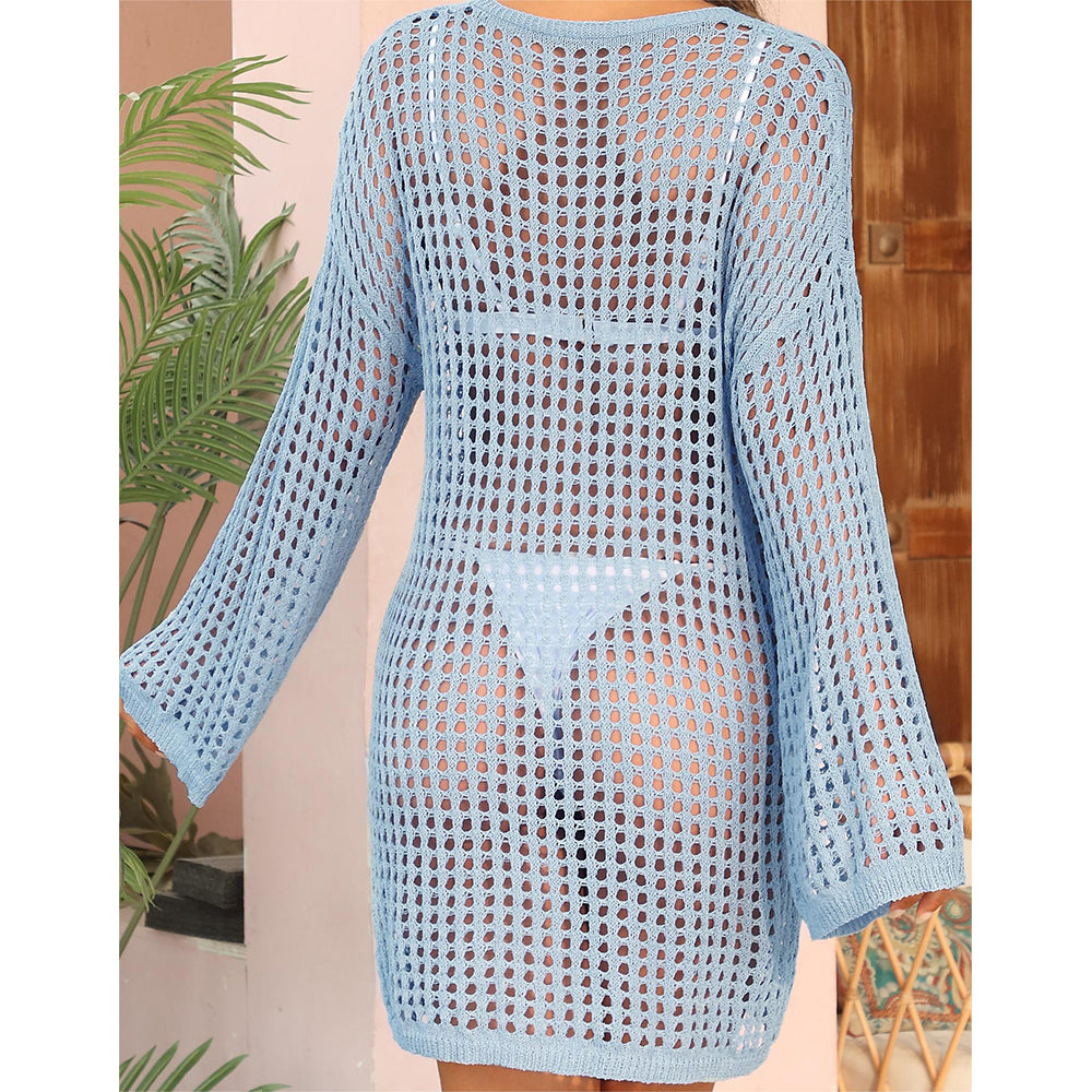 Charmo Women's Oversized Crochet Hollow Out V Neck Side Slit Sheer Mesh Long-Sleeve Cover Up