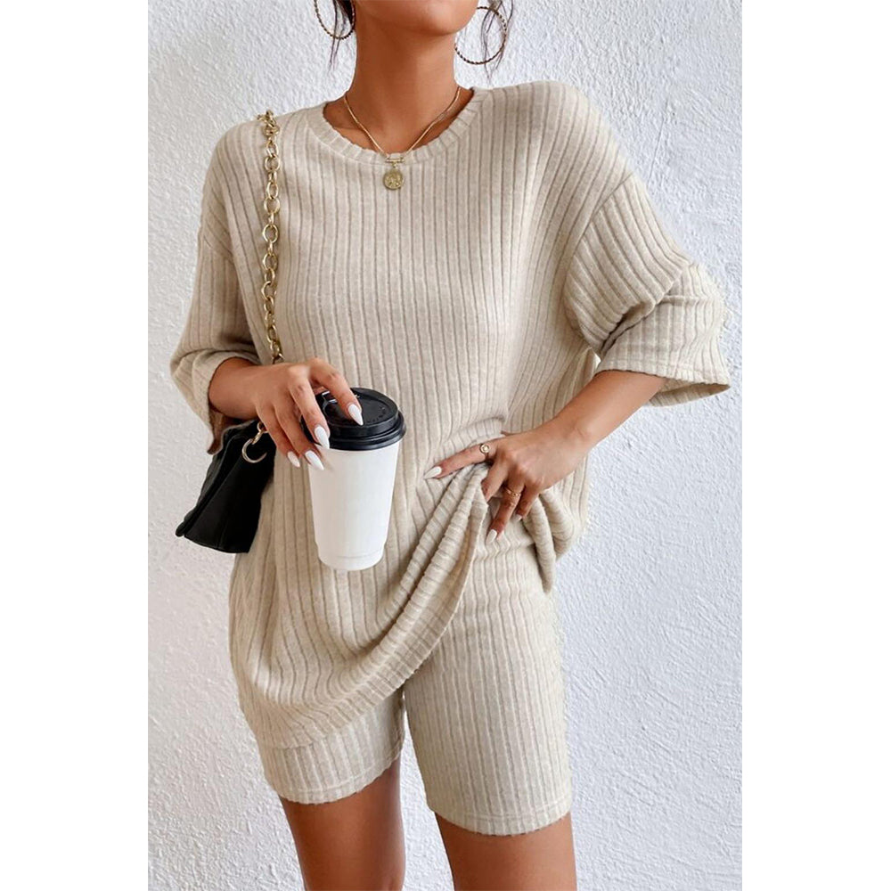 V For City Women's Oversized Ribbed Knit Loungewear Set with Half-Sleeved Top & Shorts Set Pajama Set