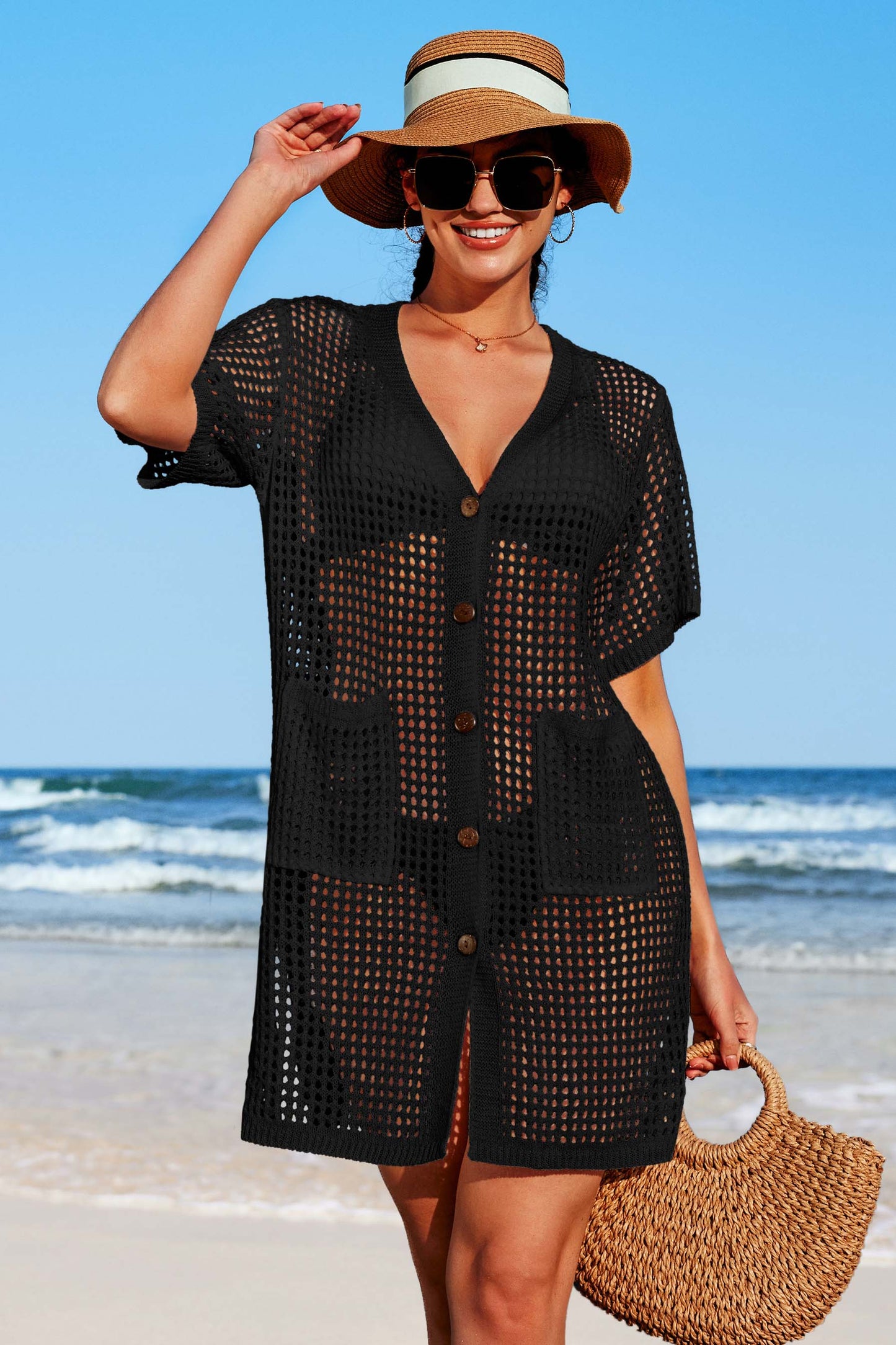 Crochet Hollow Out V Neck Button Down Cover Ups with Two Front Pockets
