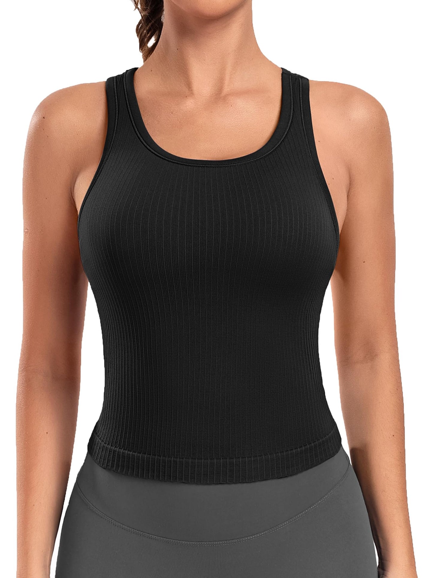 Attraco Women's Workout Tank Tops with Built in Bra Ribbed Seamless Yoga Tanks Tight Fit Sport Tops