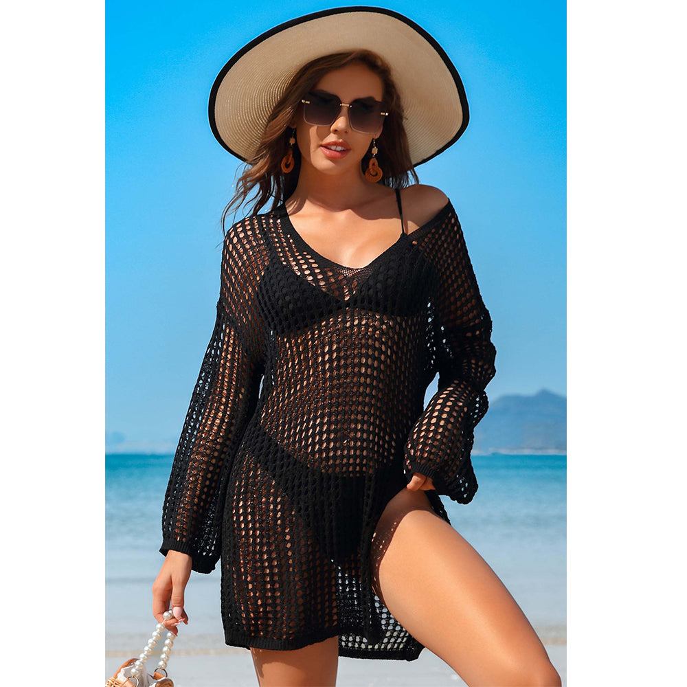 Charmo Women's Oversized Crochet Hollow Out V Neck Side Slit Sheer Mesh Long-Sleeve Cover Up