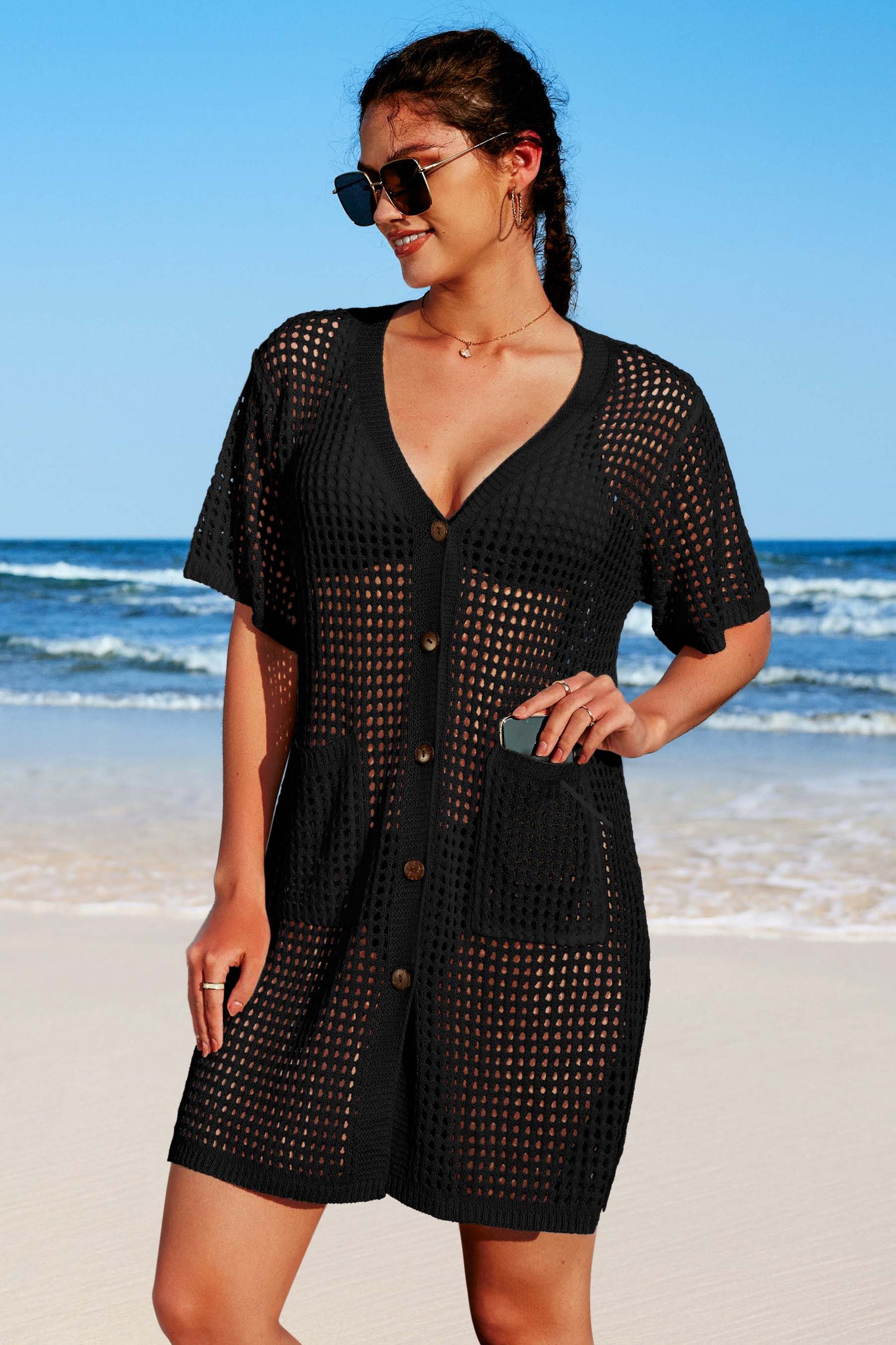 Crochet Hollow Out V Neck Button Down Cover Ups with Two Front Pockets