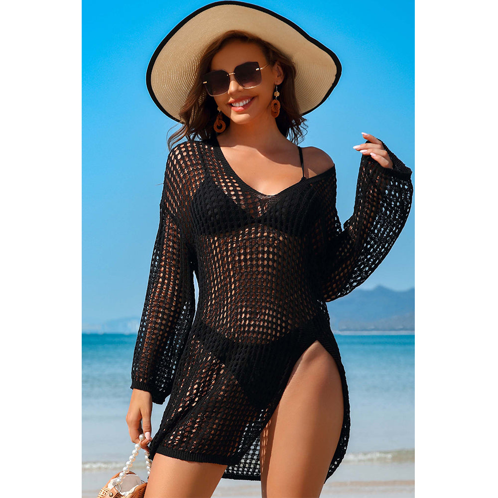 Charmo Women's Oversized Crochet Hollow Out V Neck Side Slit Sheer Mesh Long-Sleeve Cover Up