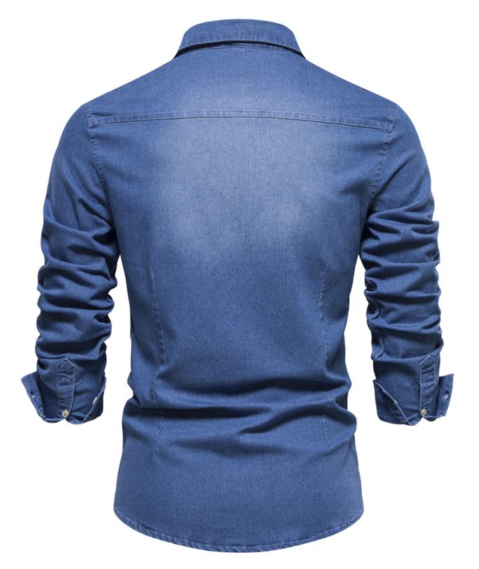 Attraco Men's Classic Slim Fit Long Sleeve Button Front Lapel Denim Shirt with Two Chest Pockets