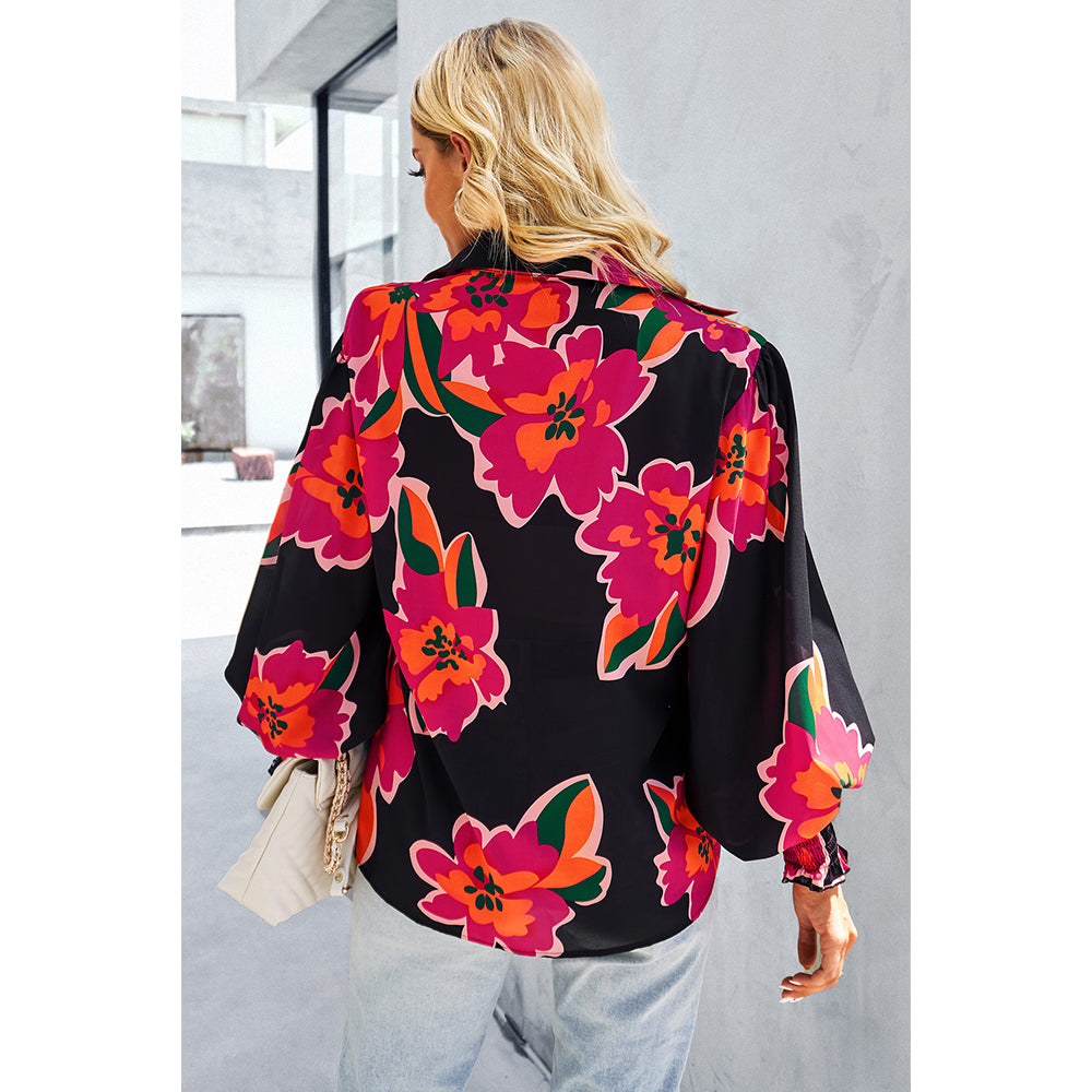 V For City Women's Chic Casual Floral Print Button-Front Shirts Bishop Sleeves Blouse Tops