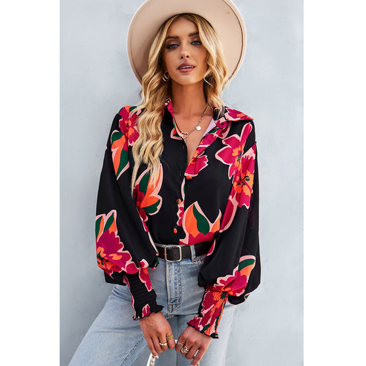 V For City Women's Chic Casual Floral Print Button-Front Shirts Bishop Sleeves Blouse Tops