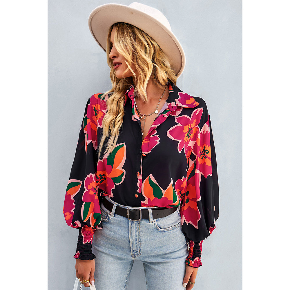 V For City Women's Chic Casual Floral Print Button-Front Shirts Bishop Sleeves Blouse Tops