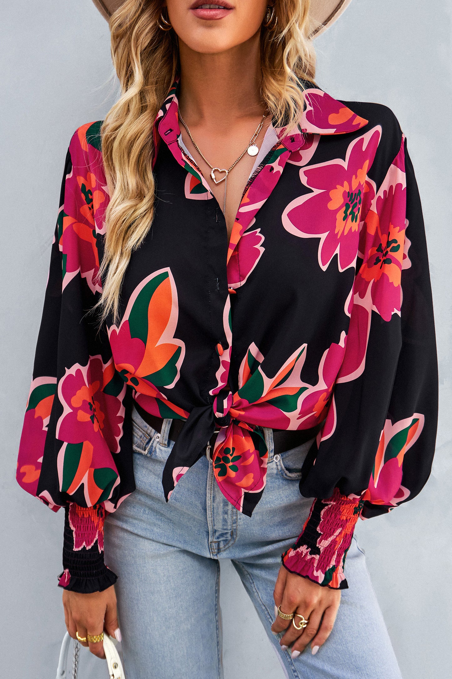 V For City Women's Chic Casual Floral Print Button-Front Shirts Bishop Sleeves Blouse Tops