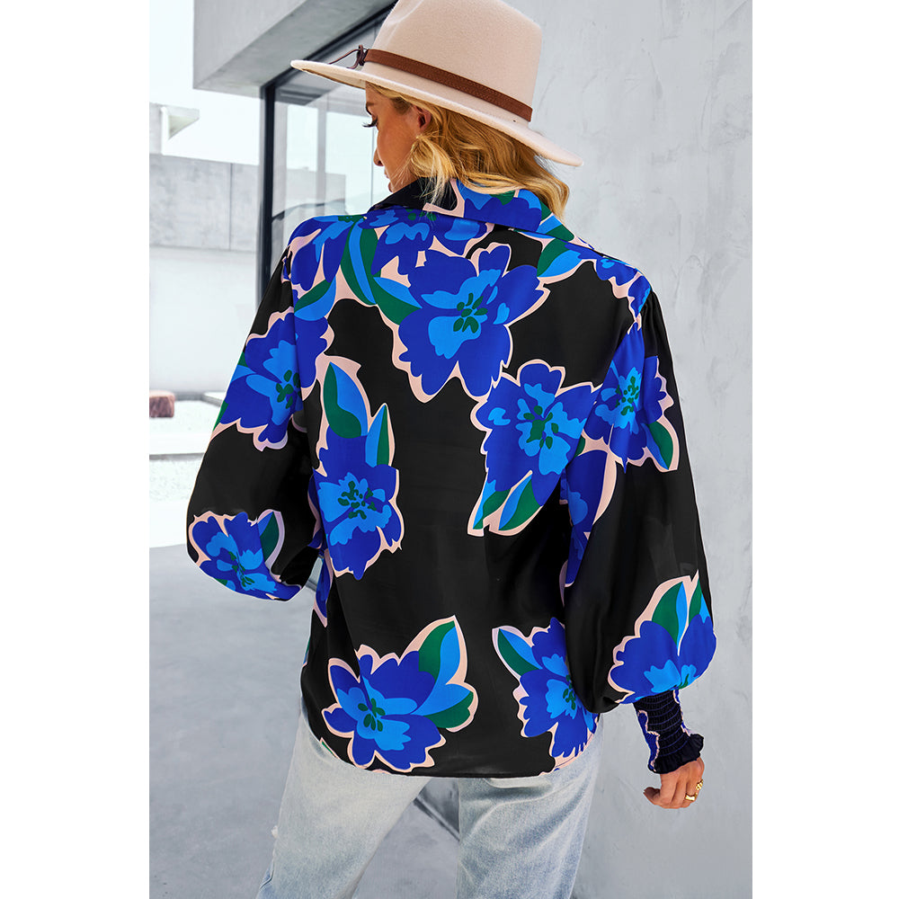 V For City Women's Chic Casual Floral Print Button-Front Shirts Bishop Sleeves Blouse Tops