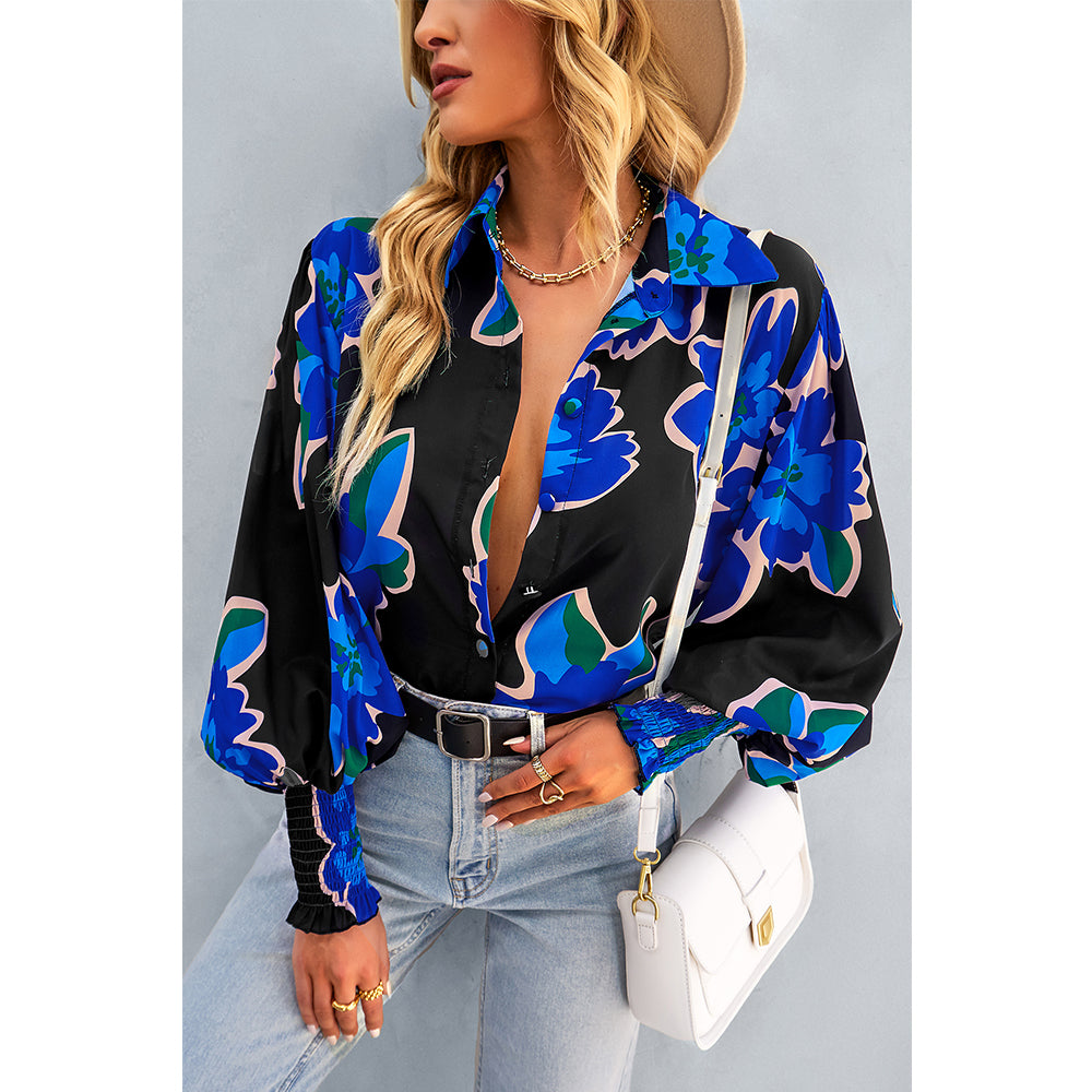 V For City Women's Chic Casual Floral Print Button-Front Shirts Bishop Sleeves Blouse Tops