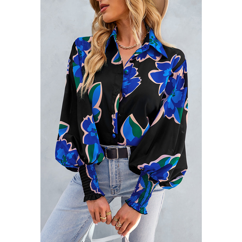 V For City Women's Chic Casual Floral Print Button-Front Shirts Bishop Sleeves Blouse Tops