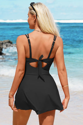 Scalloped Swim Dress Tie Knot Skirt Bathing Suit-11080