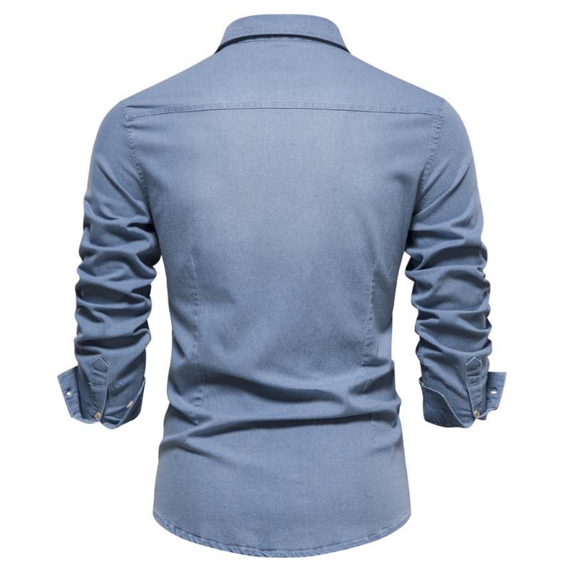 Attraco Men's Classic Slim Fit Long Sleeve Button Front Lapel Denim Shirt with Two Chest Pockets