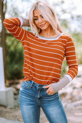 Color Block Cuffs Rib Knit Striped Pullover Top-AL9444