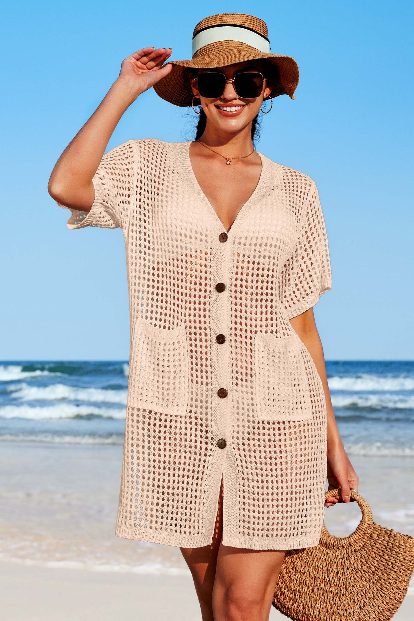 Crochet Hollow Out V Neck Button Down Cover Ups with Two Front Pockets