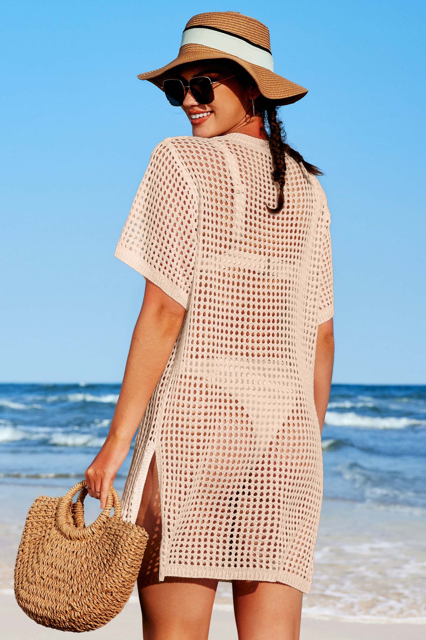 Crochet Hollow Out V Neck Button Down Cover Ups with Two Front Pockets