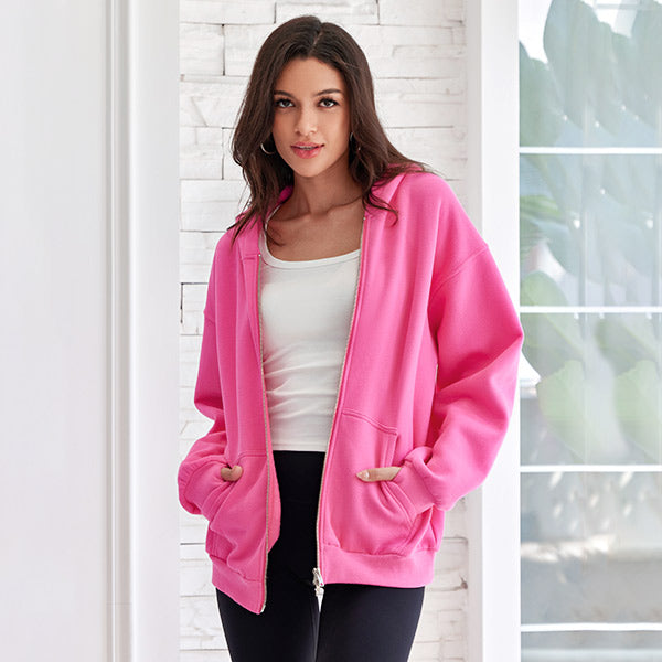 Attraco Women's Oversized Hooded Sweatshirt Solid Color Full Zip Long Sleeve Pocket Sweatshirt