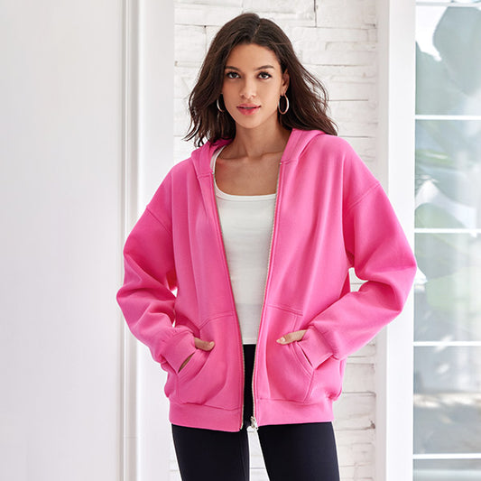 Attraco Women's Oversized Hooded Sweatshirt Solid Color Full Zip Long Sleeve Pocket Sweatshirt