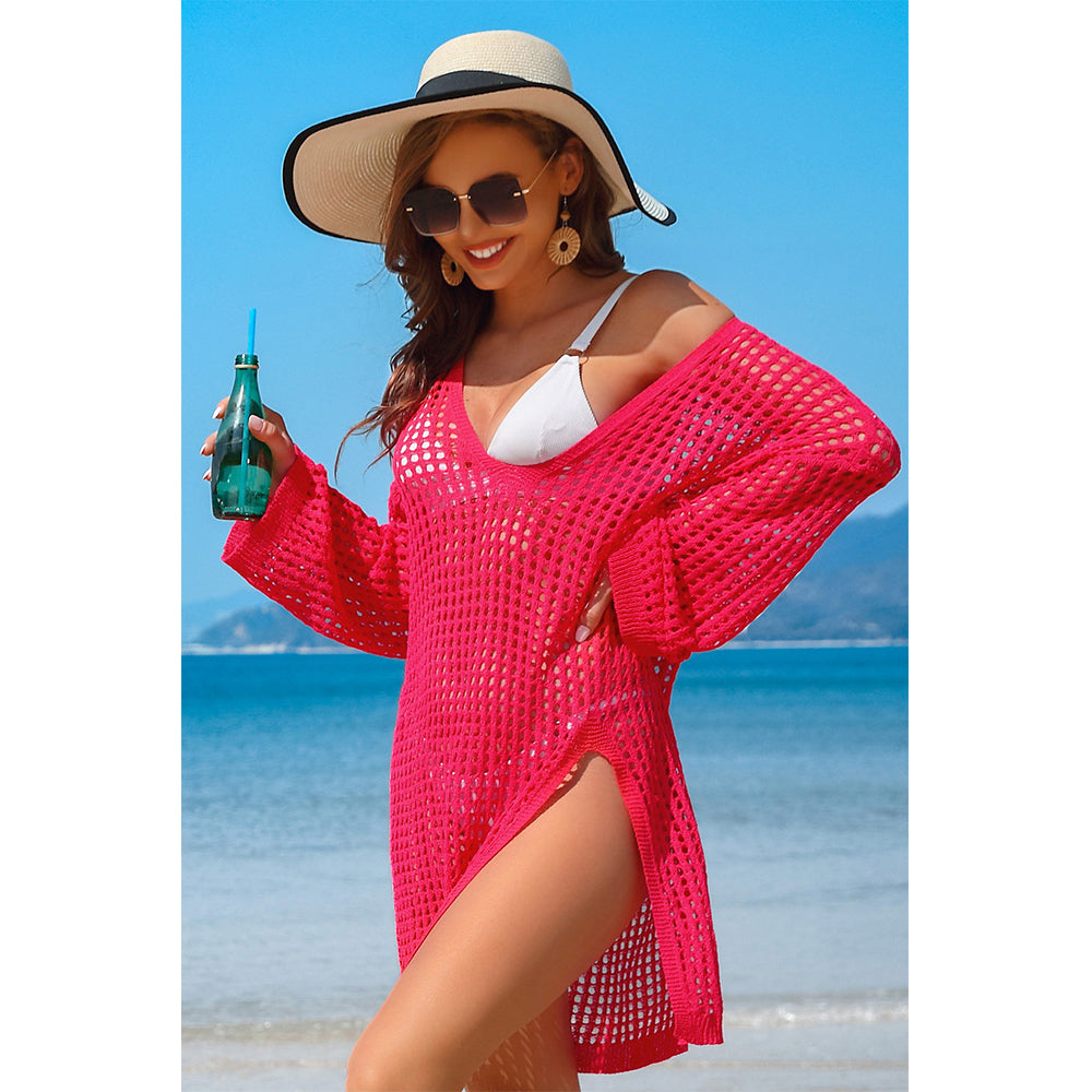 Charmo Women's Oversized Crochet Hollow Out V Neck Side Slit Sheer Mesh Long-Sleeve Cover Up