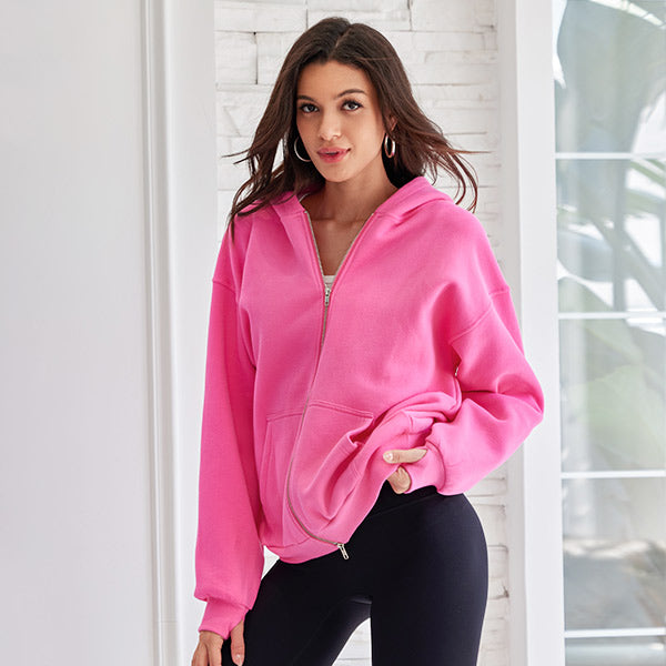 Attraco Women's Oversized Hooded Sweatshirt Solid Color Full Zip Long Sleeve Pocket Sweatshirt