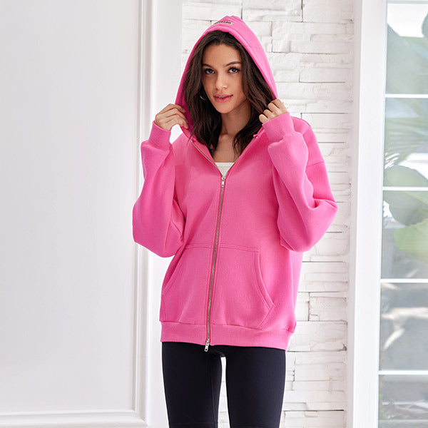 Attraco Women's Oversized Hooded Sweatshirt Solid Color Full Zip Long Sleeve Pocket Sweatshirt