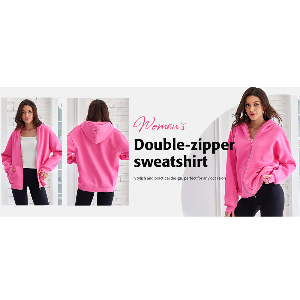 Attraco Women's Oversized Hooded Sweatshirt Solid Color Full Zip Long Sleeve Pocket Sweatshirt