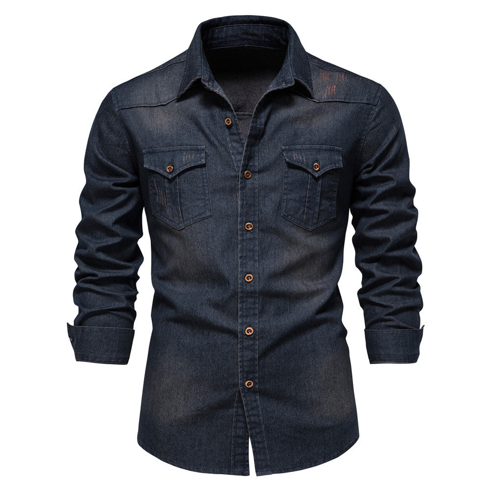 Attraco Men's Classic Slim Fit Long Sleeve Button Front Lapel Denim Shirt with Two Chest Pockets