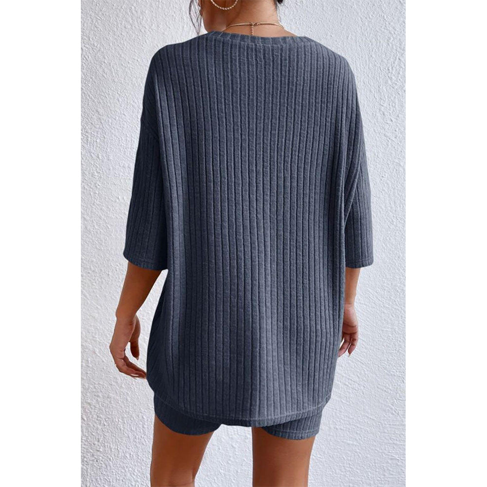 V For City Women's Oversized Ribbed Knit Loungewear Set with Half-Sleeved Top & Shorts Set Pajama Set
